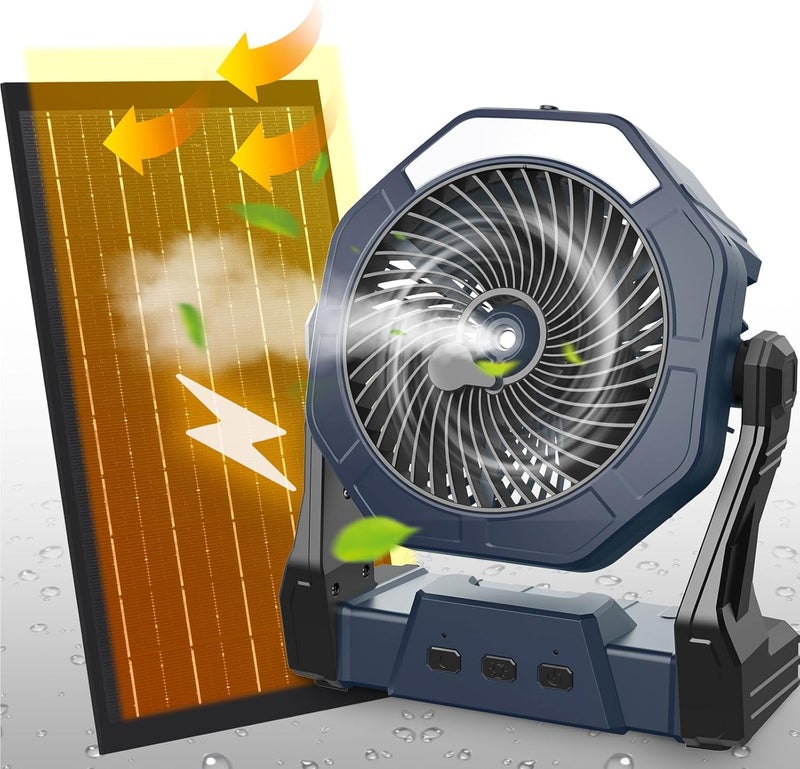 Ausic 10W Misting Solar Fan, 250ml Portable Outdoor Fans with Solar Panel, 8 Inch Battery Operated Rechargeable Cooling Fans with Hook, Camping Water Spray Fan for Travel/Beach/Patios/Chicken Coop - Image 1